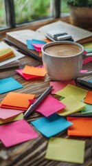 Wooden table covered with colorful sticky notes and a coffee cup, ideal for brainstorming and creative work. Perfect for office and productivity visuals.
