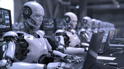 Fototapeta premium High efficiency with robots working on laptops