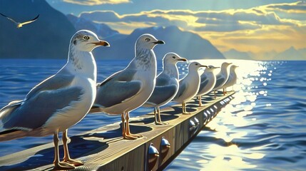   A flock of seagulls perched on a pier overlooking a waterbody and distant mountains