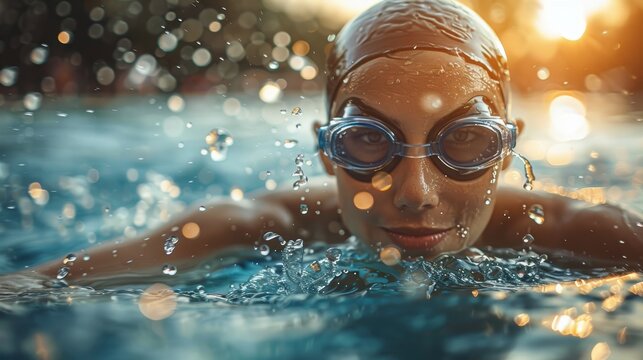 A close-up, vibrant, dynamic photograph of an individual swimmer wearing swim goggles and a swim cap, captured mid-stroke in a pool with water droplets in sharp focus against a blurred background