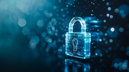 Digital padlock representing online security, data protection, and cyber safety. Blue technology background with bokeh effects.