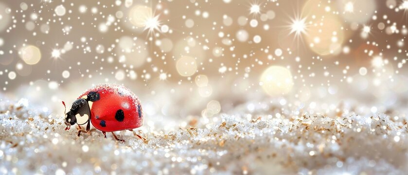   A close-up image of a ladybug sitting on a snowy ground, surrounded by snowflakes and twinkling stars above