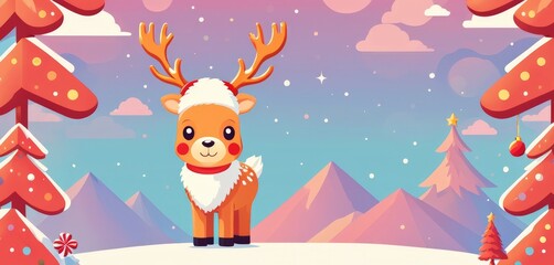 A cute little reindeer, and surrounded by woods and snow. Christmas and New Year's Eve. Cute art. Kawaii. Banner, poster, background. With copy space