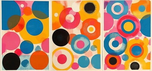abstract simple retro geometric shape circle dot line artful artwork picture frame collection set , vibrant colorful flat design grungy minimalist style home wall hanging decor, mockup idea