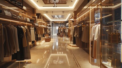 Luxurious boutique interior with marble floors and golden accents