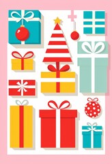 2d art style, flatlay, gift boxes, neutral background, delicate shades. Banner, postcard, greeting card. Copy space, Christmas theme, birthday, celebrate, new year. St. Valentine. 