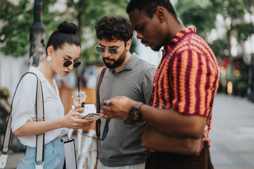 Group of business people discussing work and ideas during an outdoor meeting in the city. Collaboration and teamwork concept.
