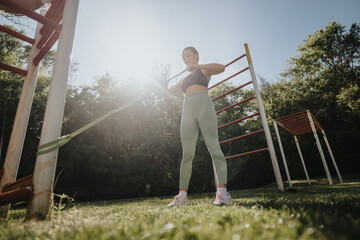 A woman exercising with a resistance band in an urban park. Sunny day workout emphasizing outdoor...