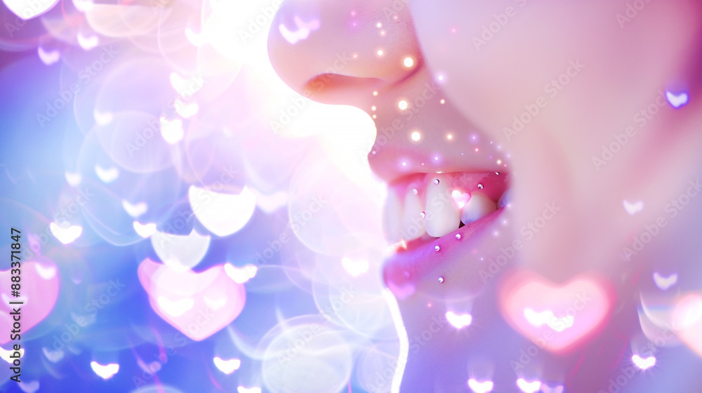Poster close-up of a smiling face with heart-shaped bokeh lights. tooth gems