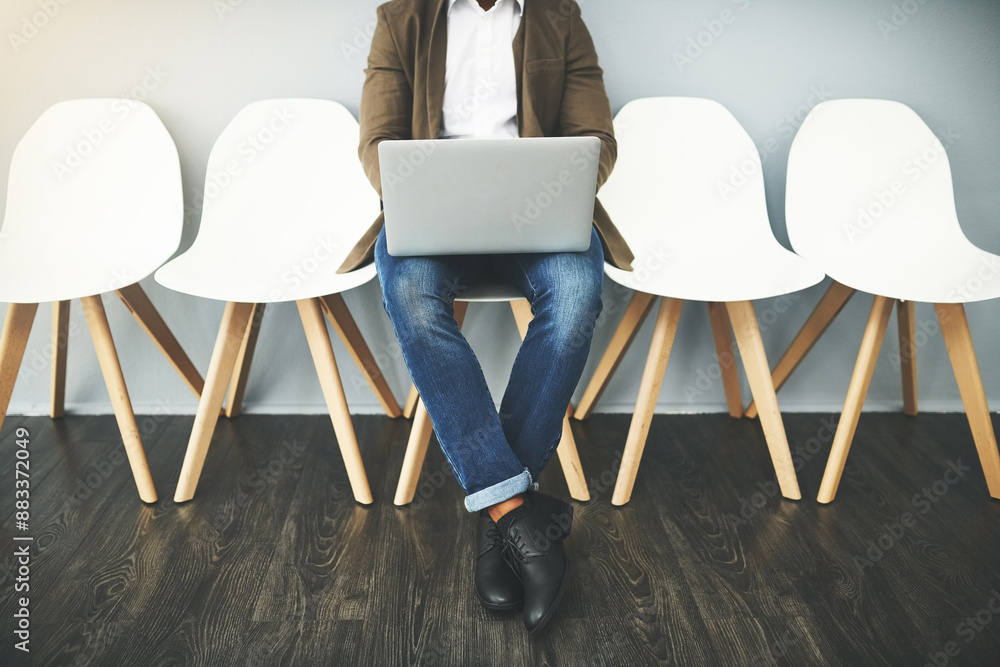 Aufkleber business person, laptop and row of chairs in waiting room for interview with tech and job. recruitme