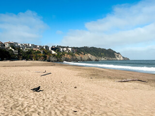  California beach with views on the waters of the bay on the bright day. People and crows walking at the distance. The city lays at the horizon.