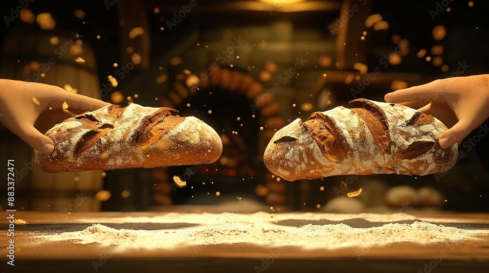 Poster   A pair of hands clutching two loaves of bread in front of a bakery's array of breads