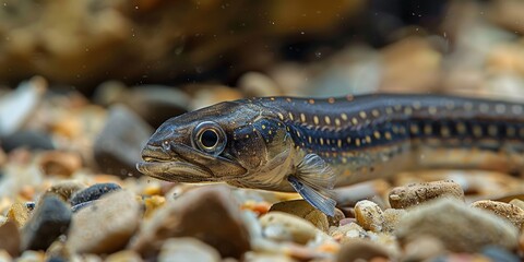 An up-close view of a slender, elongated aquatic creature with intricate patterns and vibrant colors, resting on a bed of pebbles in a freshwater habitat