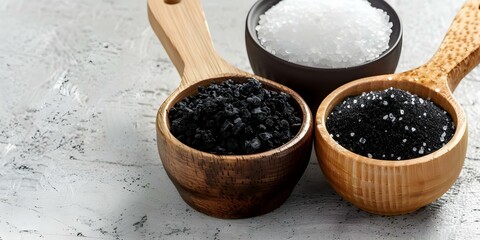 Black volcanic lava salt truffle salt and Kala Namak on natural background. Concept Gourmet Seasoning, Unique Salt Flavors, Natural Ingredients, Exotic Spices, Culinary Delights