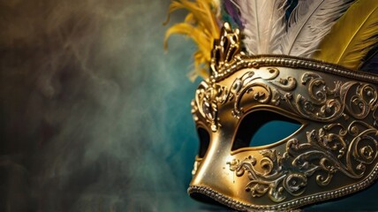 The enchanting and mysterious atmosphere of the Venice Carnival. The golden masks, adorned with feathers and intricate designs, create a sense of elegance and celebration. AI generation.