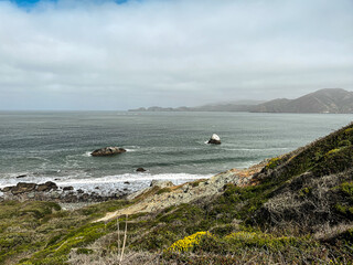 California coast with views on the waters of the bay on the bright day. Bushes and flowers of the West Coast nature in front of the lightly cloud skies. Waves of the Pacific Ocean waters of the bay.