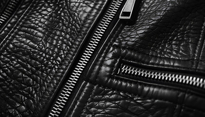 Black leather jacket background. Grunge autumn clothing. Winter fashion texture. Closed fastener pocket. Zipped zipper