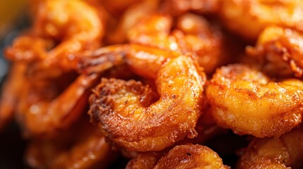 Close-up of a plate filled with crispy, pan-fried shrimp covered in a delicious golden-brown seasoning that enhances the texture and flavor.