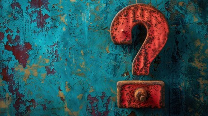 A striking and vivid image of a rusty red question mark mounted on a heavily textured, peeling, and weathered turquoise background gives a dramatic and thought-provoking visual impact