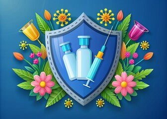 A colorful illustration of a shield with a syringe and vaccine vials, surrounded by flowers and leaves, promoting National Immunization Awareness Month and prevention.