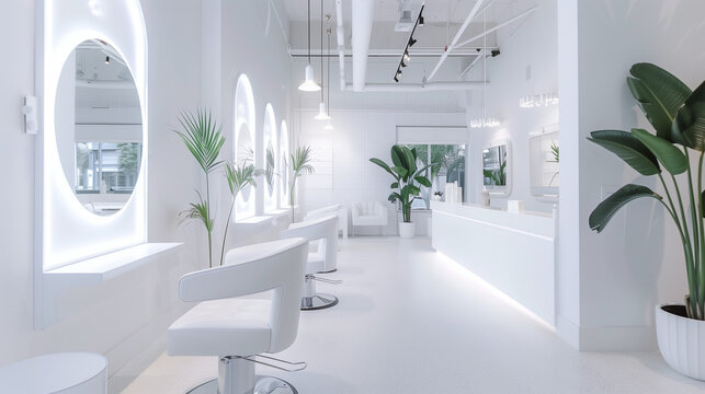 Chic minimalist beauty salon with white walls, modern furniture, and soft lighting, creating a serene and sophisticated space for pampering and relaxation.