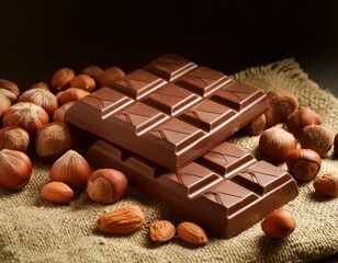 Barras de  chocolate con nueces avellanas almendras con fondos negros ,  luz de estudio