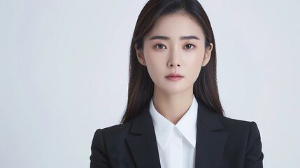 Asian woman with Korean makeup, office suit, straight hair, posing cleanly, white background. 32k, full ultra HD, high resolution