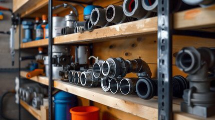 Shelves filled with pipes and fittings, neatly organized in a plumbing store. Ideal for illustrating a hardware store, plumbing supplies, or industrial storage.