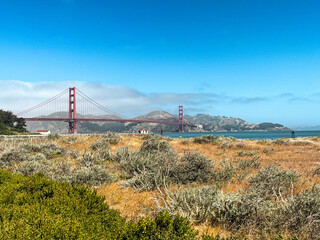 Coastal view of the Golden Gate bridge in San Francisco. American iconic landmark. Cliffs and grass frame the picture. Waves in the bay water. Light fog.