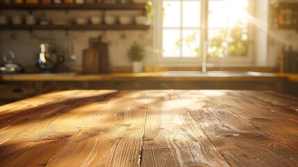 Fototapeta premium Beautiful brown wood kitchen table, defocused bright interior background, sunlight streaming in, product display setup
