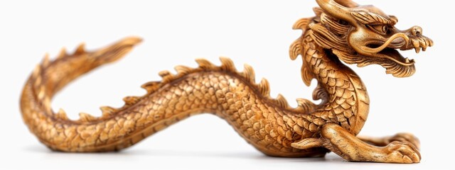  A golden dragon figurine sits atop a white surface with its mouth agape