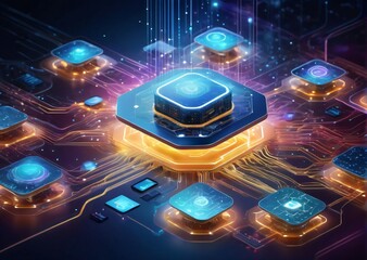 .Cloud computing data storage digital infrastructure futuristic technology circuit board glowing clouds networking information technology data management tech innovation