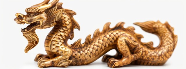 Obraz premium A golden dragon figurine sits atop a white surface, its mouth agape