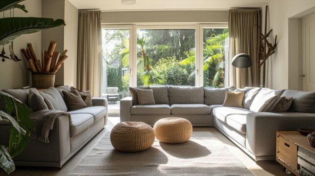 Bright interior of a living room with stylish grey sofas and a large window, casting a welcoming atmosphere.