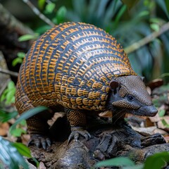 Obraz premium A close-up, detailed photograph of a beautifully patterned armadillo with distinct orange and black scales, amidst a lush, green natural habitat