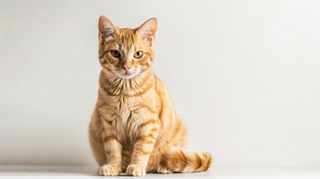 A friendly-faced yellow cat sitting on a white background, showcasing its adorable and inviting expression.