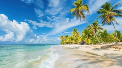 Summer vacation at a tropical beach with palm trees, blue sky, and sandy shore.