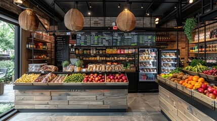A beautifully organized and well-stocked grocery store featuring fresh produce, a variety of food items, and refrigerated goods in a modern and inviting setting