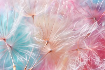 Watercolor close-up of dandelion seeds drifting away, soft pastels creating a whimsical effect