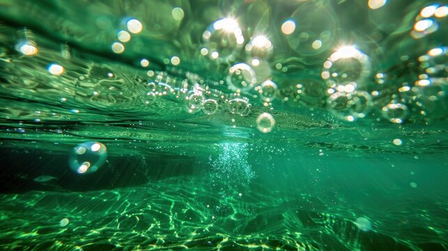 Bubbles and bokeh effect underwater in the clear green ocean of California.