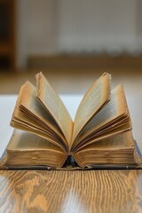 A close-up photograph of an antique, well-worn book resting open on a wooden table, with its yellowed, fragile pages spread out, revealing a glimpse of its text