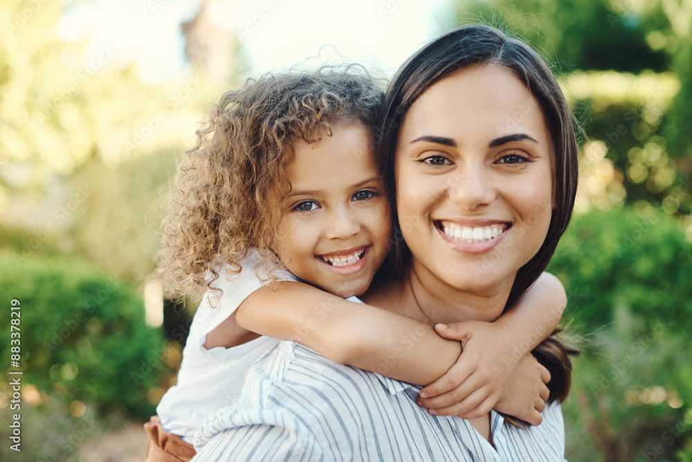 Sticker Happy portrait, mom and girl with piggyback for bonding time, relationship trust and relax together in outdoor garden. Smile, mama and daughter with back hug for love, safety and care in nature park