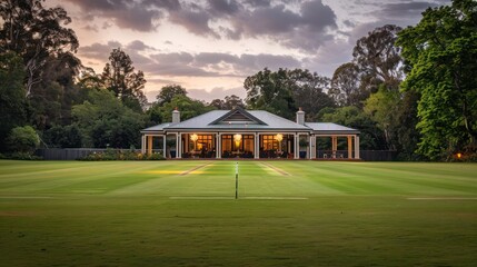 Suburban Colonial home with a backyard cricket field, complete with a traditional pavilion for afternoon teas during matches