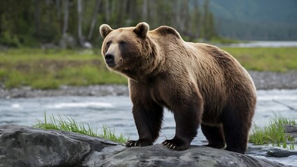 Obraz premium A brown bear stands on a rock in front of a river
