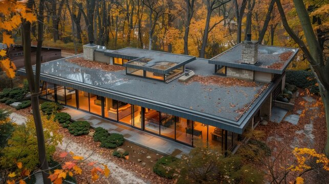 erial view of a Suburban Mid-Century Modern home with a flat roof and extensive use of glass, nestled in autumn foliage