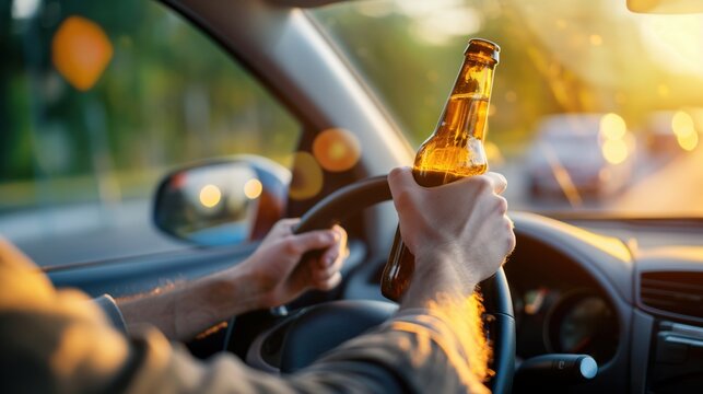 A person is holding a beer bottle while driving a car, representing the dangerous behavior of drinking and driving.