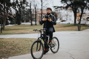 A modern business entrepreneur in formal attire on a bike, engaging with his phone at a park.