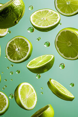 Fresh limes and water drops on a green background. Concept of summer, freshness, citrus fruits, and healthy lifestyle.