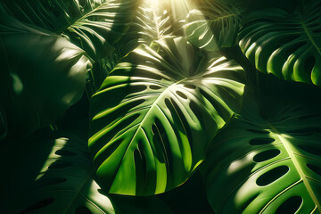 Monstera plant leaves in bright sunlight, green plant background