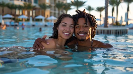 A joyful couple enjoying a relaxing swim in a resort swimming pool during a warm sunny day, surrounded by lounge chairs, palm trees, and fellow vacationers